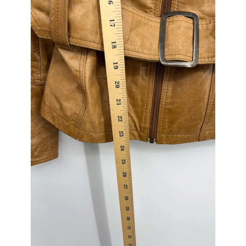 Ventiuno Belted Leather Moto Jacket Women S/M Tan Military Utility Zip Up
